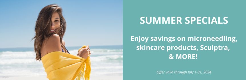 Enjoy savings on microneedling, skincare products, Sculptra, & more! (Woman on the beach in bathing suit and yellow towel. Model)