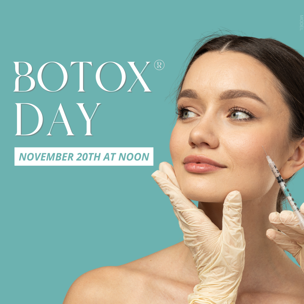 Botox Day! November 20th at noon. (A woman with beautiful, smooth skin getting a Botox injection)